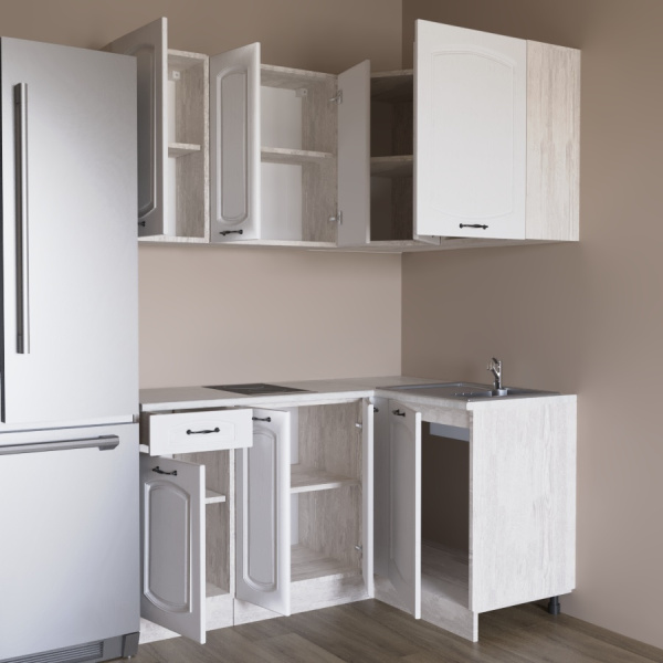 Кухня УГЛОВАЯ  Равенна Сосна лофт / Дуб светлый (столеш Олива+Планки) 1,5м.