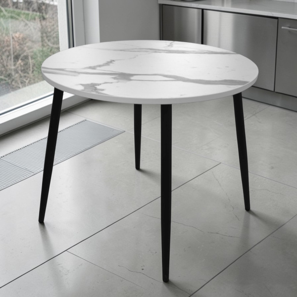 Стол Поло D900, металл черный+пластик  Мрамор белый