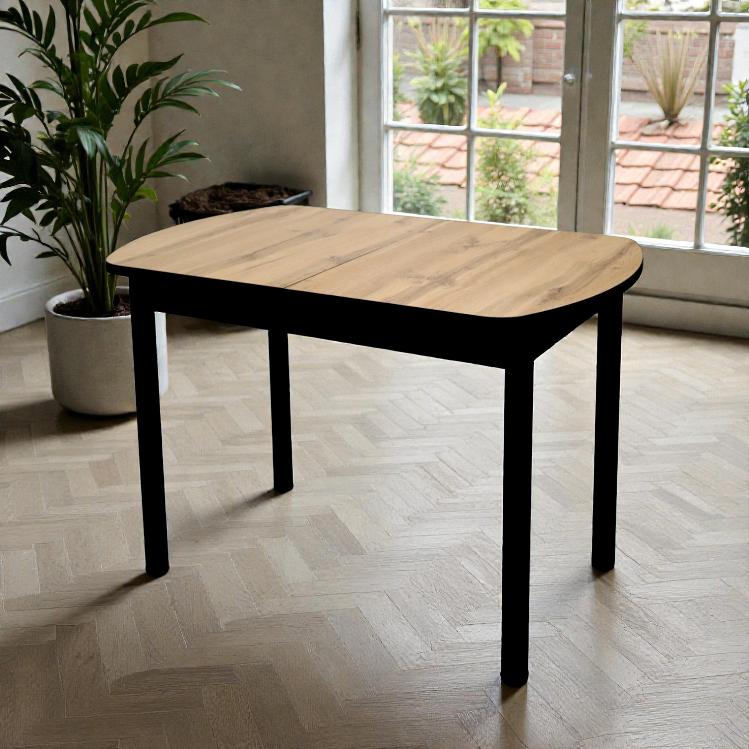 Стол Фаворит 1100(+400)*700 Пластик Дуб Вотан,бабочка(B5)/ЛДСП Бодега темная+опоры(черн)